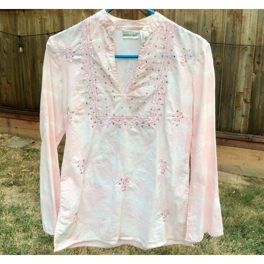 Fashion Bug 100% cotton blouse embroidered w/sequins. Light Pink. Pretty.